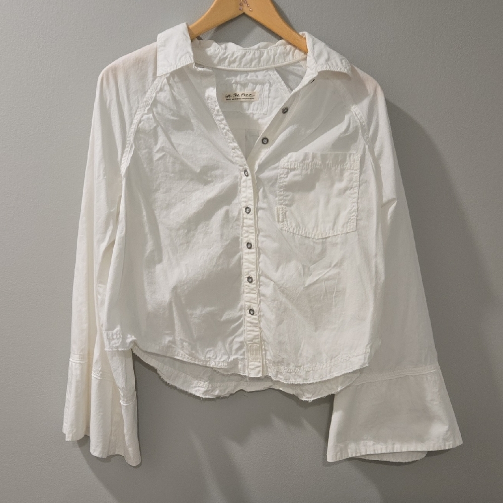Free People Women’s White Button-Front Cotton Shirt with Flared Sleeves